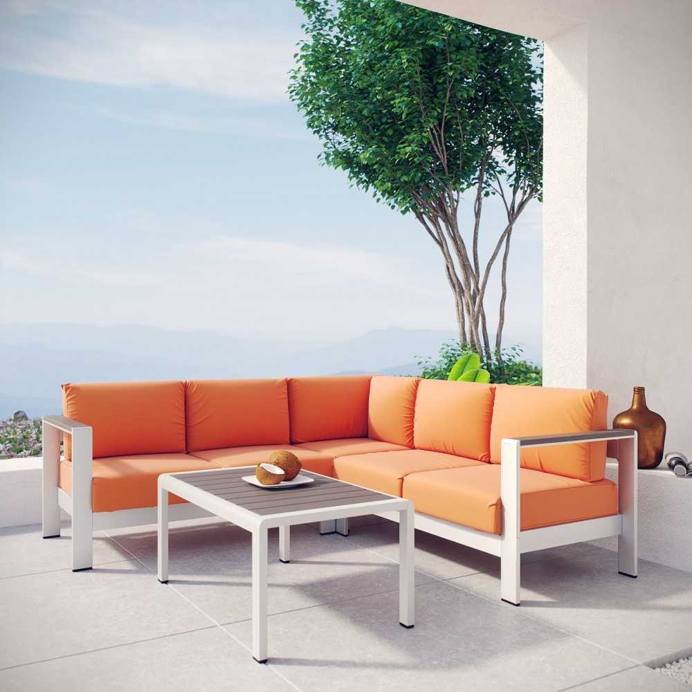 Shore 4 Piece Outdoor Patio Aluminum Sectional Sofa Set, Silver Orange, EEI-2559-SLV-ORA