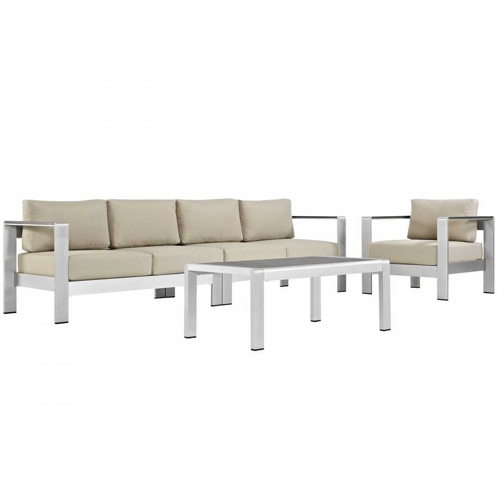 Shore 4 Piece Outdoor Patio Aluminum Sectional Sofa Set, Silver Beige, EEI-2563-SLV-BEI