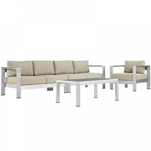 Shore 4 Piece Outdoor Patio Aluminum Sectional Sofa Set, Silver Beige, EEI-2563-SLV-BEI