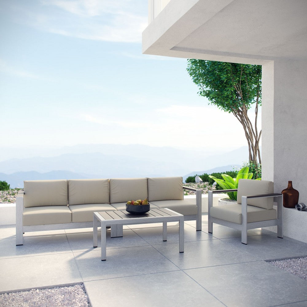 Shore 4 Piece Outdoor Patio Aluminum Sectional Sofa Set, Silver Beige, EEI-2563-SLV-BEI