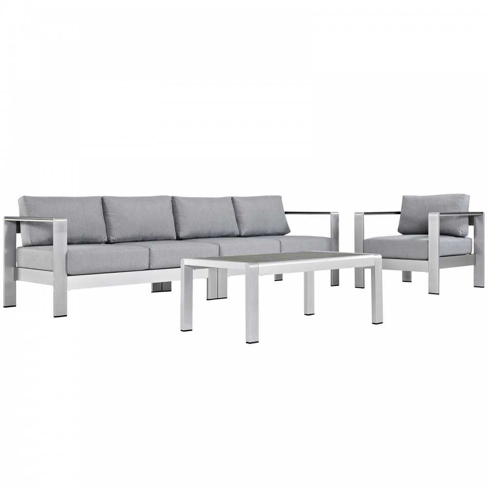 Shore 4 Piece Outdoor Patio Aluminum Sectional Sofa Set, Silver Gray, EEI-2563-SLV-GRY