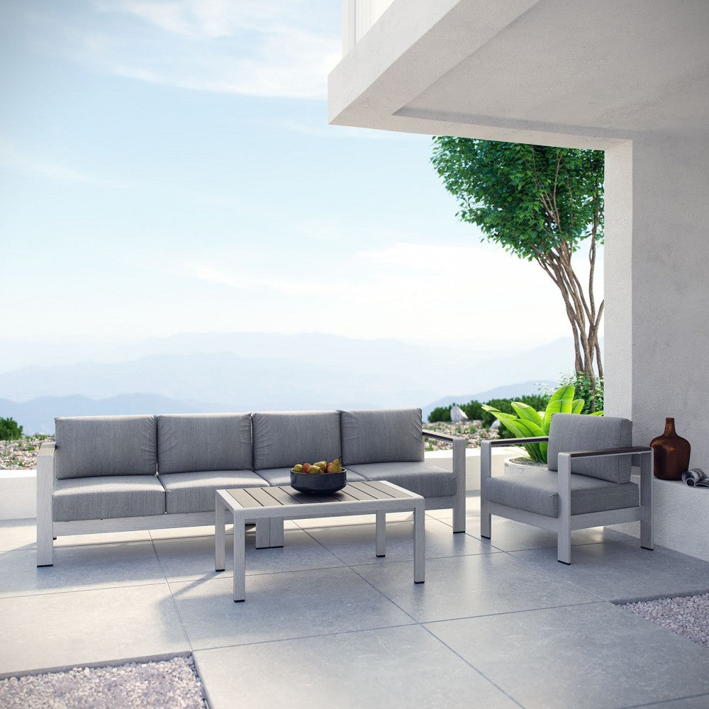Shore 4 Piece Outdoor Patio Aluminum Sectional Sofa Set, Silver Gray, EEI-2563-SLV-GRY
