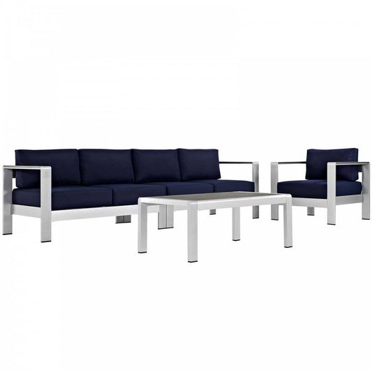 Shore 4 Piece Outdoor Patio Aluminum Sectional Sofa Set, Silver Navy, EEI-2563-SLV-NAV