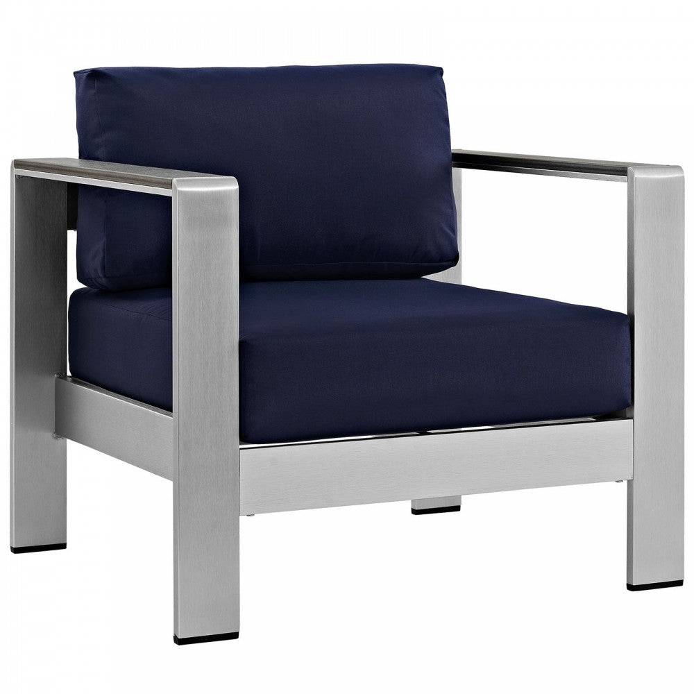 Shore 4 Piece Outdoor Patio Aluminum Sectional Sofa Set, Silver Navy, EEI-2563-SLV-NAV