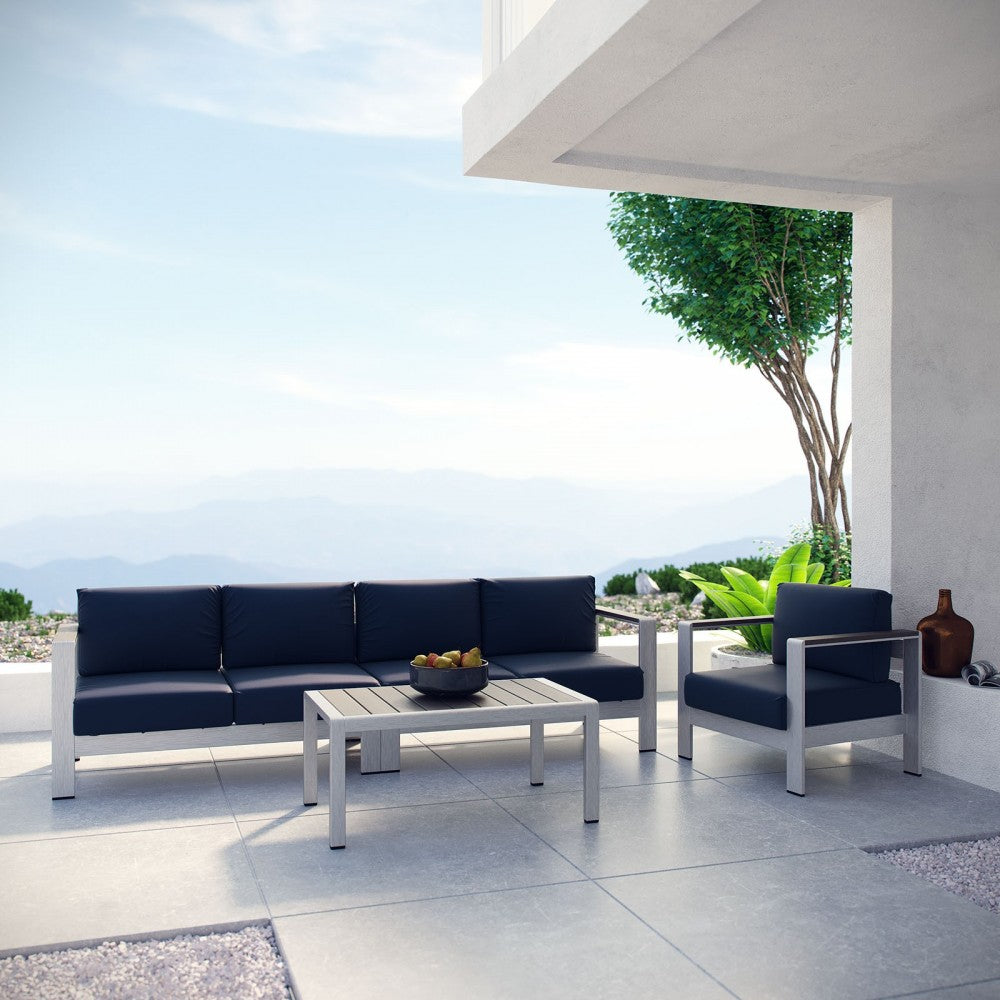 Shore 4 Piece Outdoor Patio Aluminum Sectional Sofa Set, Silver Navy, EEI-2563-SLV-NAV