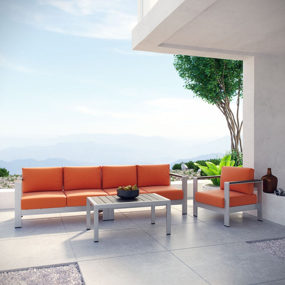 Shore 4 Piece Outdoor Patio Aluminum Sectional Sofa Set, Silver Orange, EEI-2563-SLV-ORA