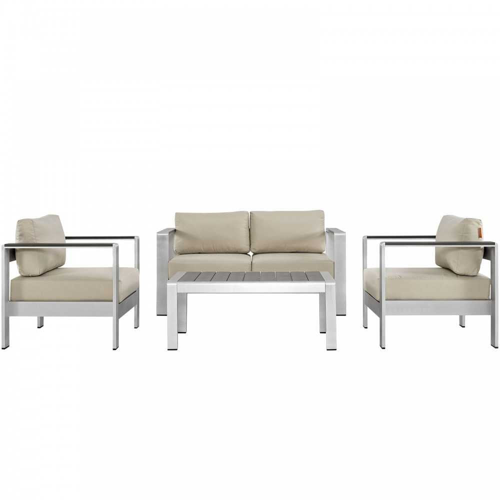 Shore 4 Piece Outdoor Patio Aluminum Sectional Sofa Set, Silver Beige, EEI-2567-SLV-BEI