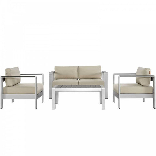 Shore 4 Piece Outdoor Patio Aluminum Sectional Sofa Set, Silver Beige, EEI-2567-SLV-BEI