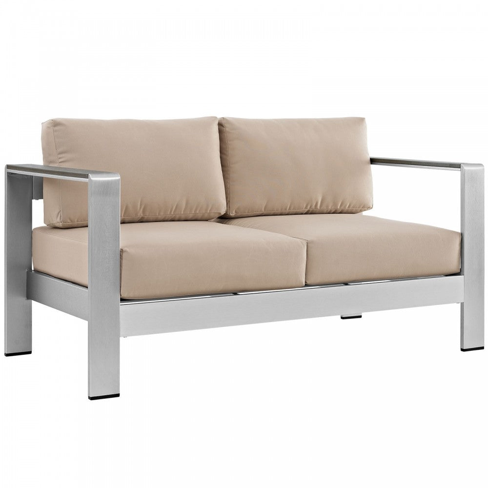 Shore 4 Piece Outdoor Patio Aluminum Sectional Sofa Set, Silver Beige, EEI-2567-SLV-BEI
