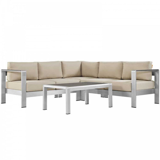 Shore 4 Piece Outdoor Patio Aluminum Sectional Sofa Set, Silver Beige, EEI-2559-SLV-BEI