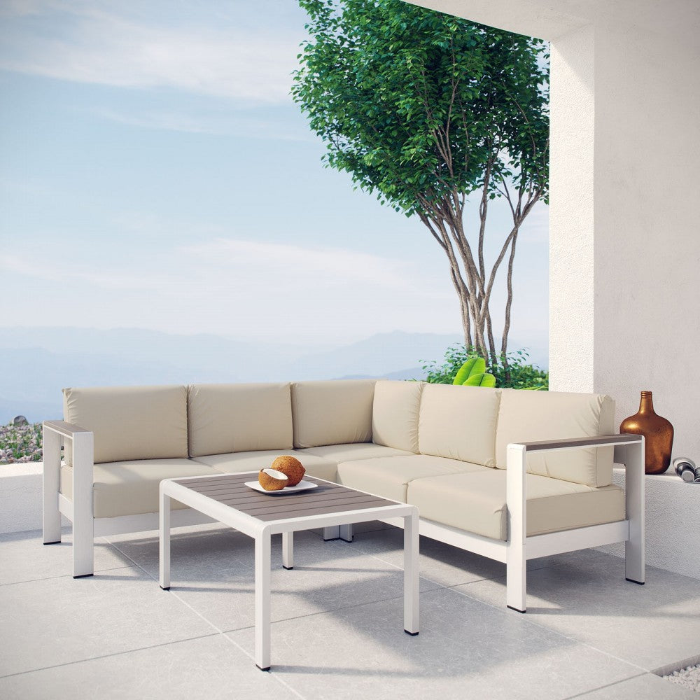Shore 4 Piece Outdoor Patio Aluminum Sectional Sofa Set, Silver Beige, EEI-2559-SLV-BEI