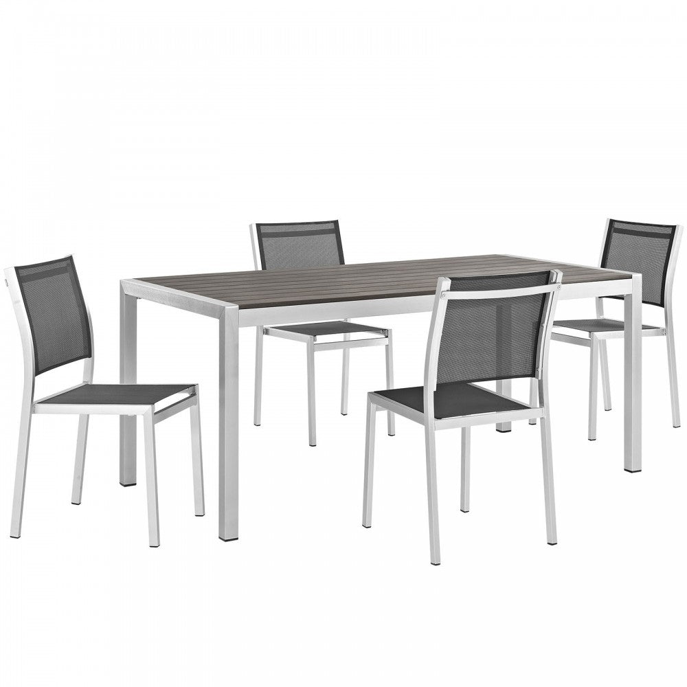 Shore 5 Piece Outdoor Patio Aluminum Dining Set, Silver Black, EEI-2482-SLV-BLK-SET