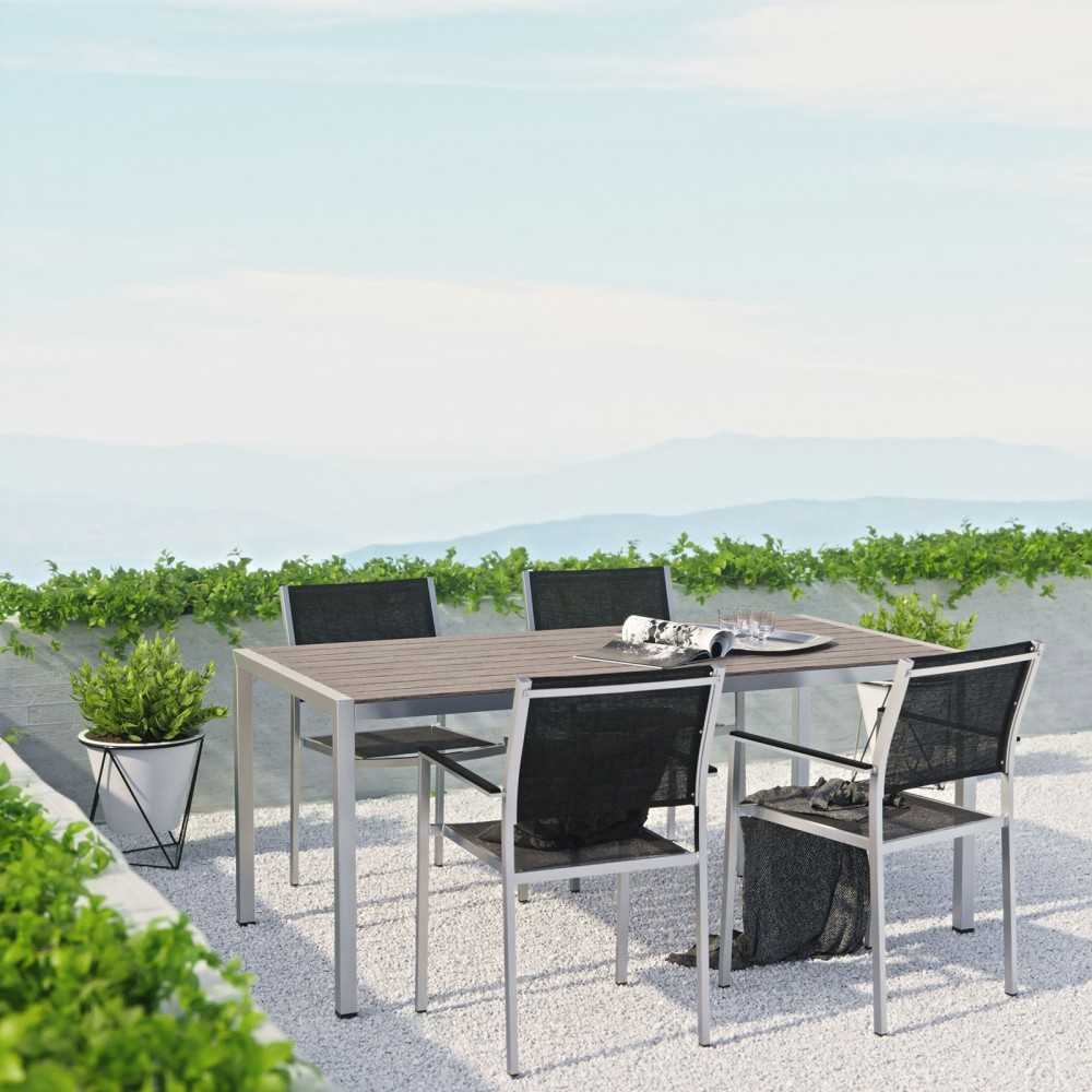 Shore 5 Piece Outdoor Patio Aluminum Dining Set, Silver Black, EEI-2483-SLV-BLK-SET