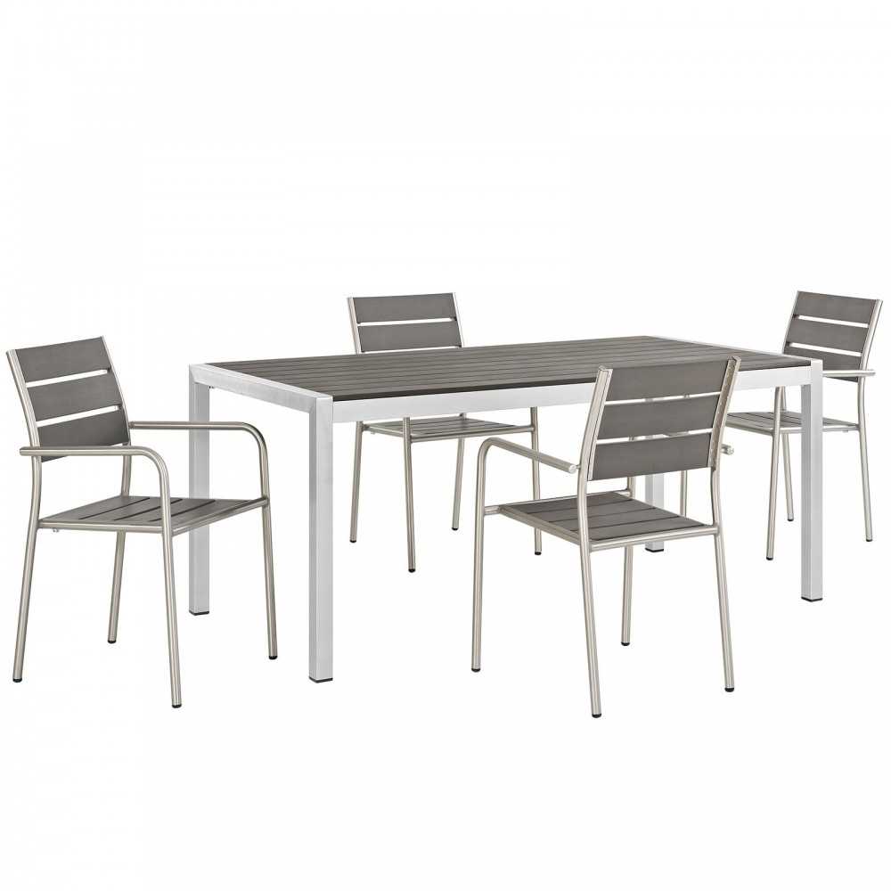 Shore 5 Piece Outdoor Patio Aluminum Dining Set, Silver Gray, EEI-2481-SLV-GRY-SET