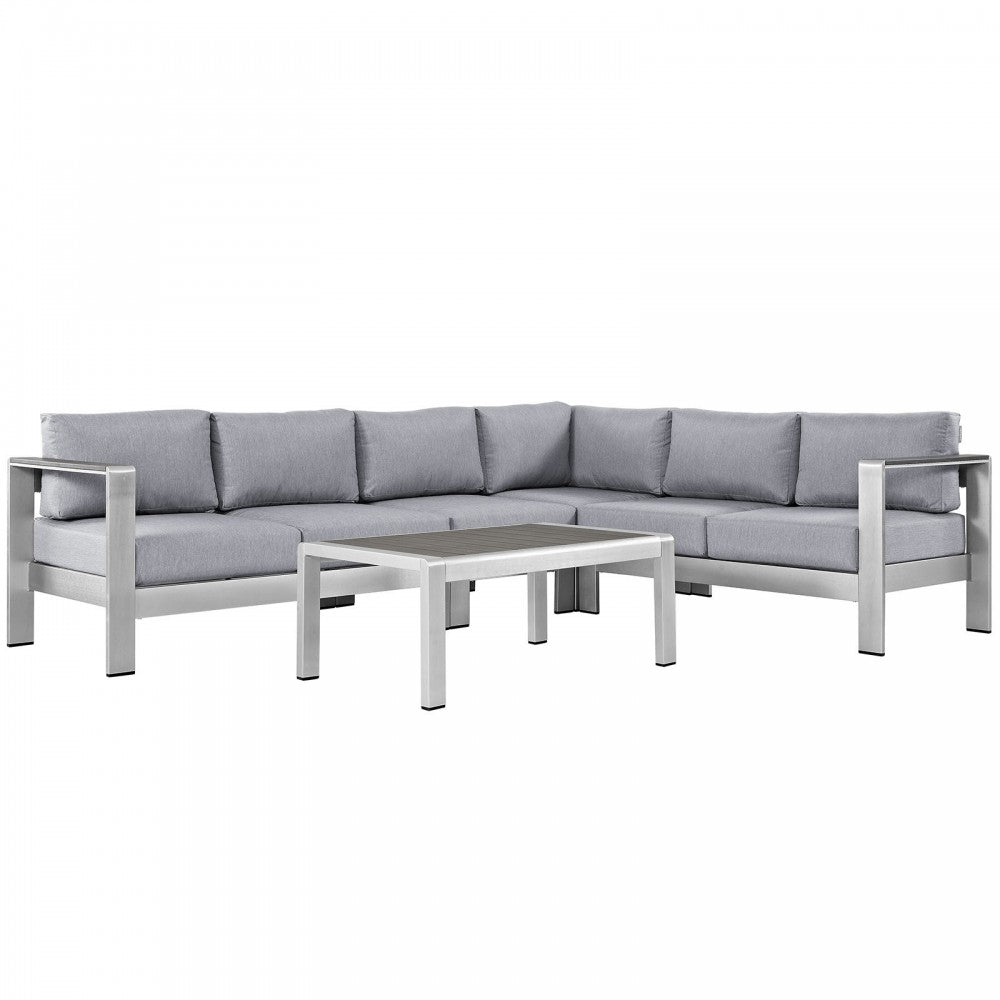 Shore 5 Piece Outdoor Patio Aluminum Sectional Sofa Set, Silver Gray, EEI-2557-SLV-GRY