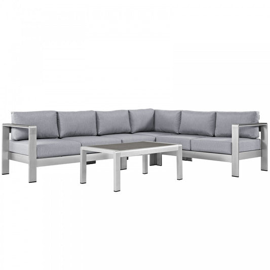Shore 5 Piece Outdoor Patio Aluminum Sectional Sofa Set, Silver Gray, EEI-2557-SLV-GRY