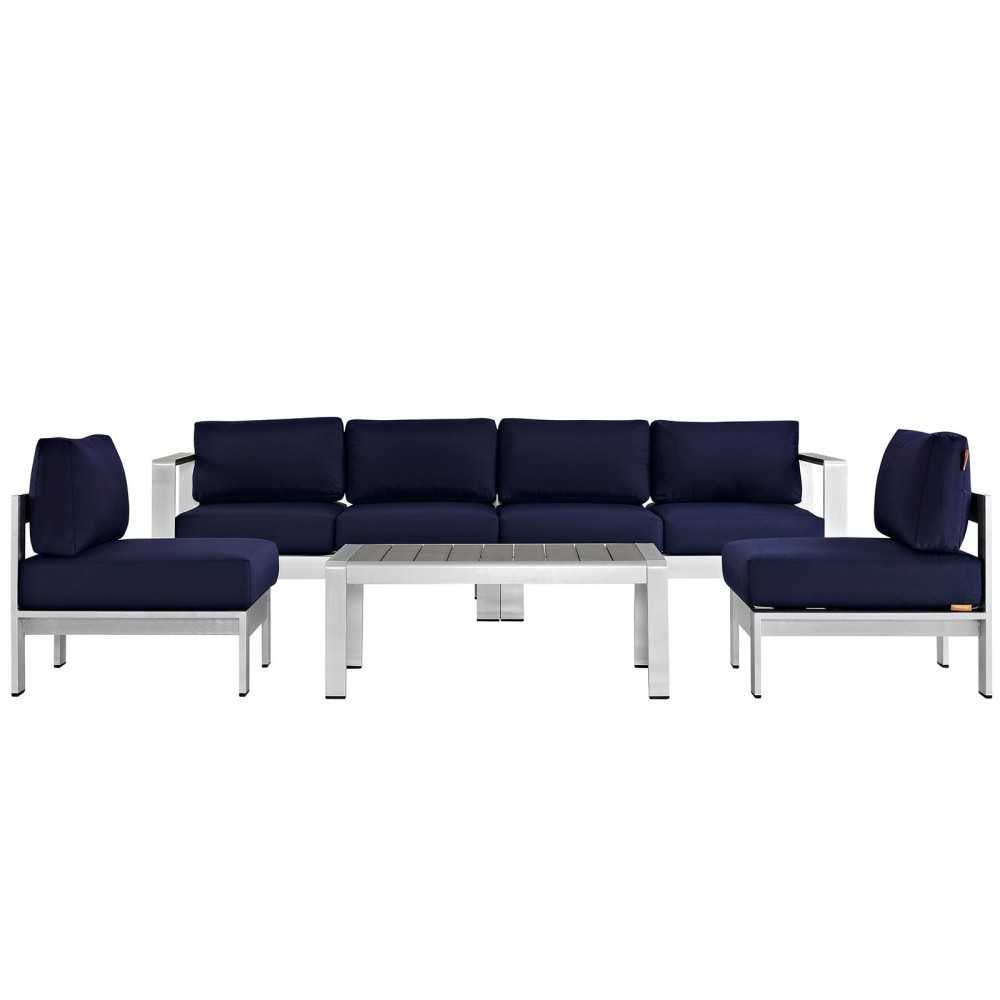 Shore 5 Piece Outdoor Patio Aluminum Sectional Sofa Set, Silver Navy, EEI-2564-SLV-NAV