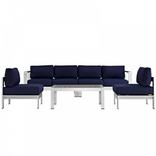 Shore 5 Piece Outdoor Patio Aluminum Sectional Sofa Set, Silver Navy, EEI-2564-SLV-NAV