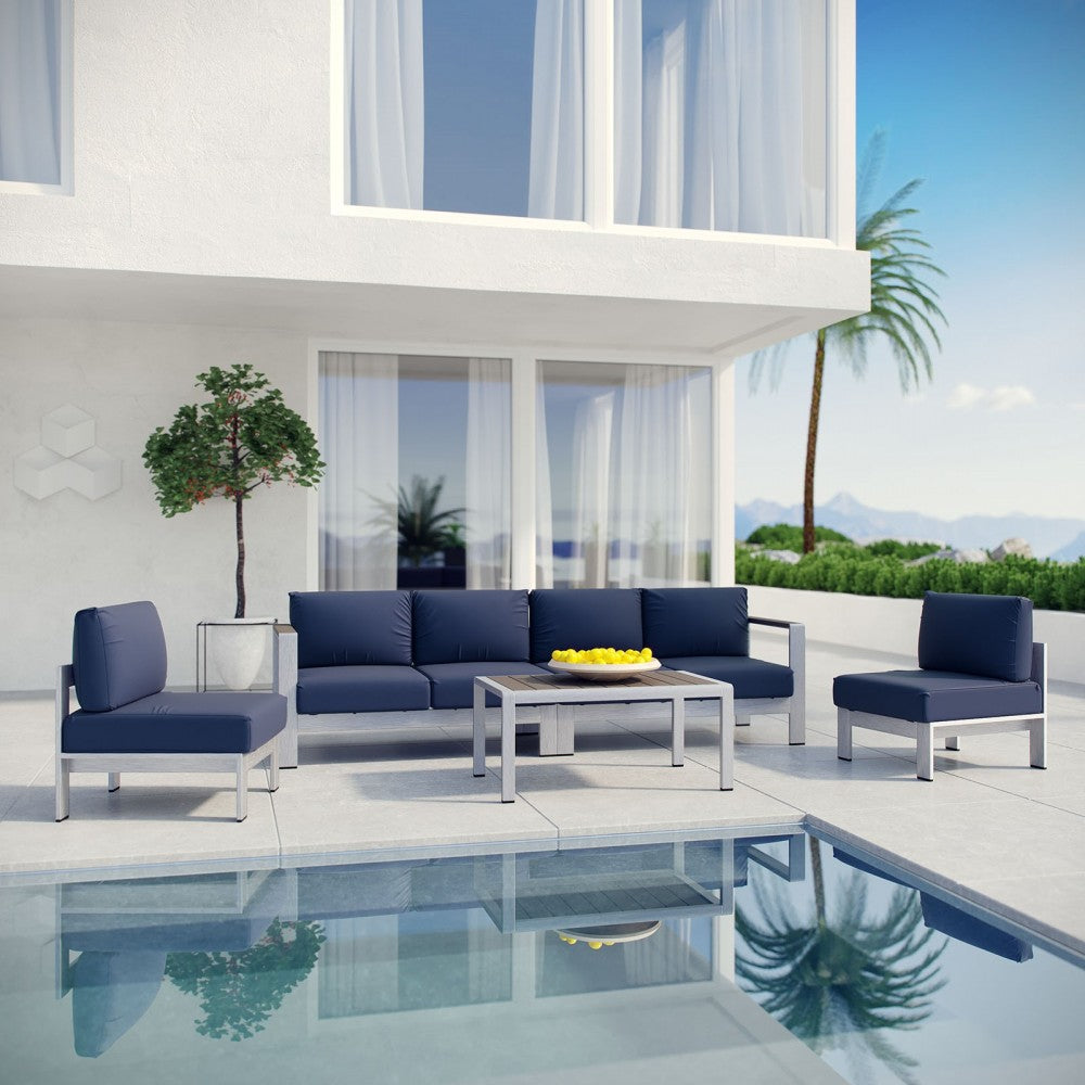 Shore 5 Piece Outdoor Patio Aluminum Sectional Sofa Set, Silver Navy, EEI-2564-SLV-NAV