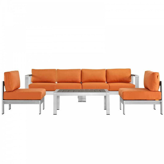 Shore 5 Piece Outdoor Patio Aluminum Sectional Sofa Set, Silver Orange, EEI-2564-SLV-ORA