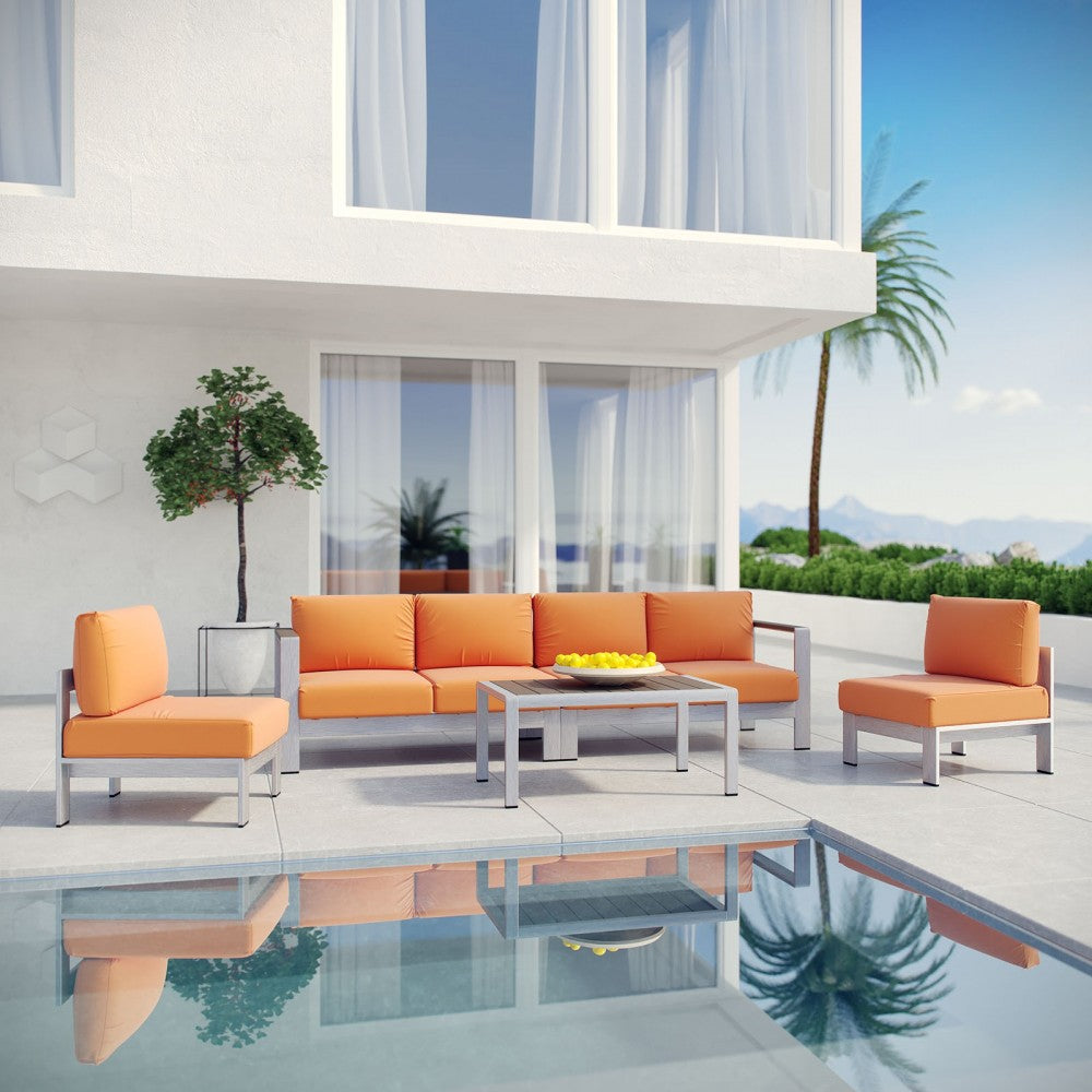Shore 5 Piece Outdoor Patio Aluminum Sectional Sofa Set, Silver Orange, EEI-2564-SLV-ORA