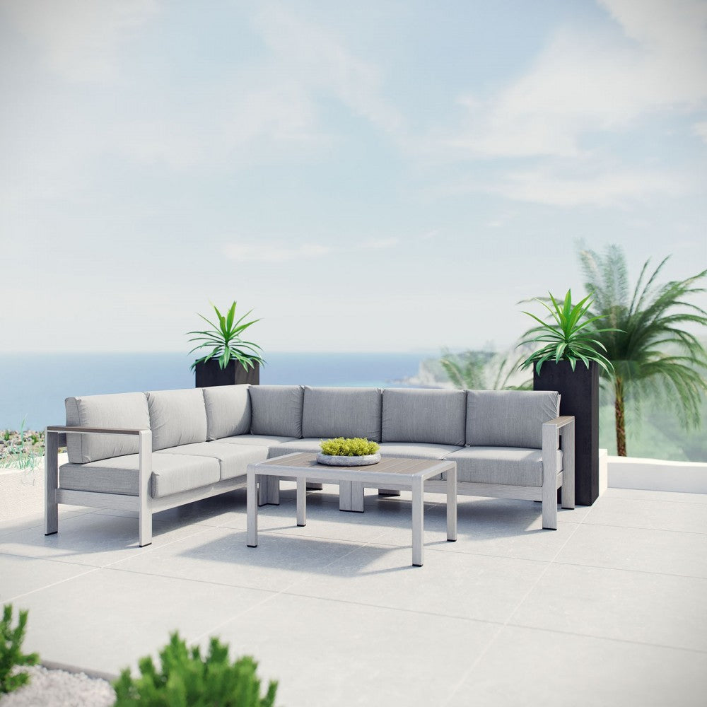 Shore 5 Piece Outdoor Patio Aluminum Sectional Sofa Set, Silver Gray, EEI-2557-SLV-GRY