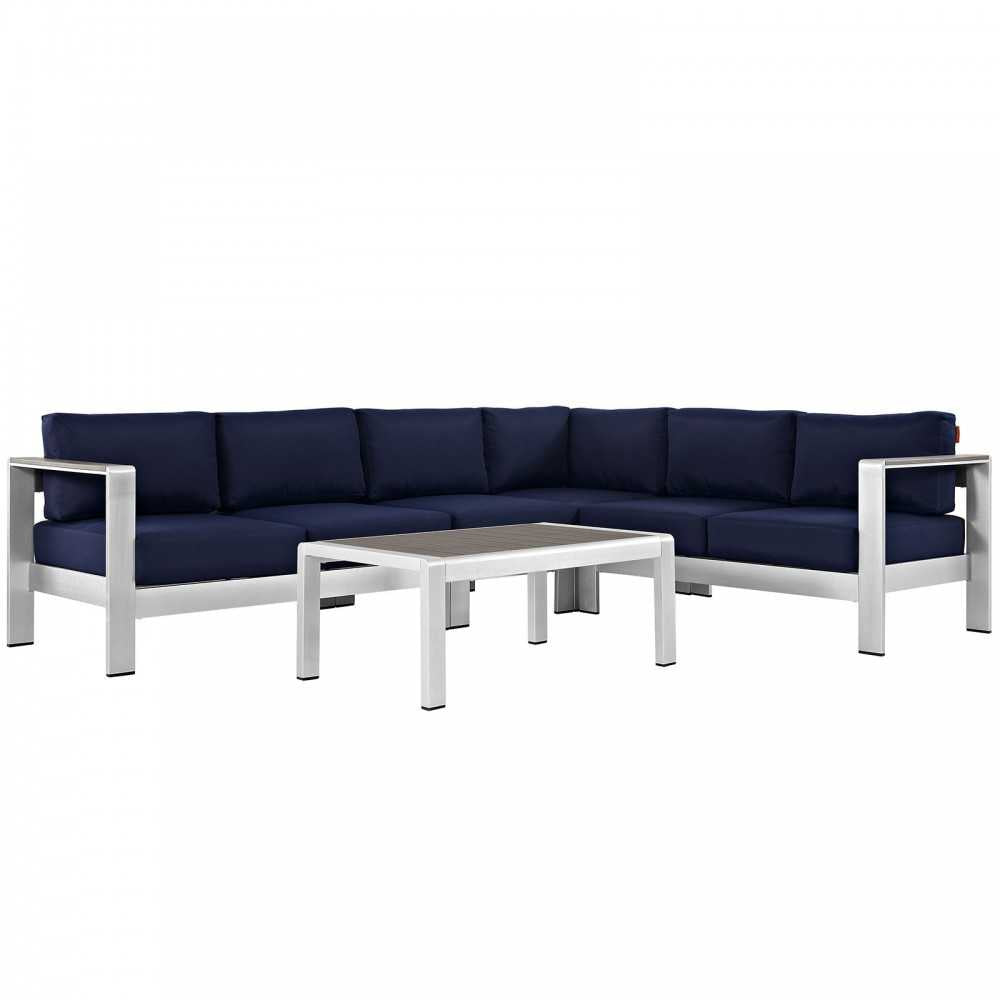 Shore 5 Piece Outdoor Patio Aluminum Sectional Sofa Set, Silver Navy, EEI-2557-SLV-NAV