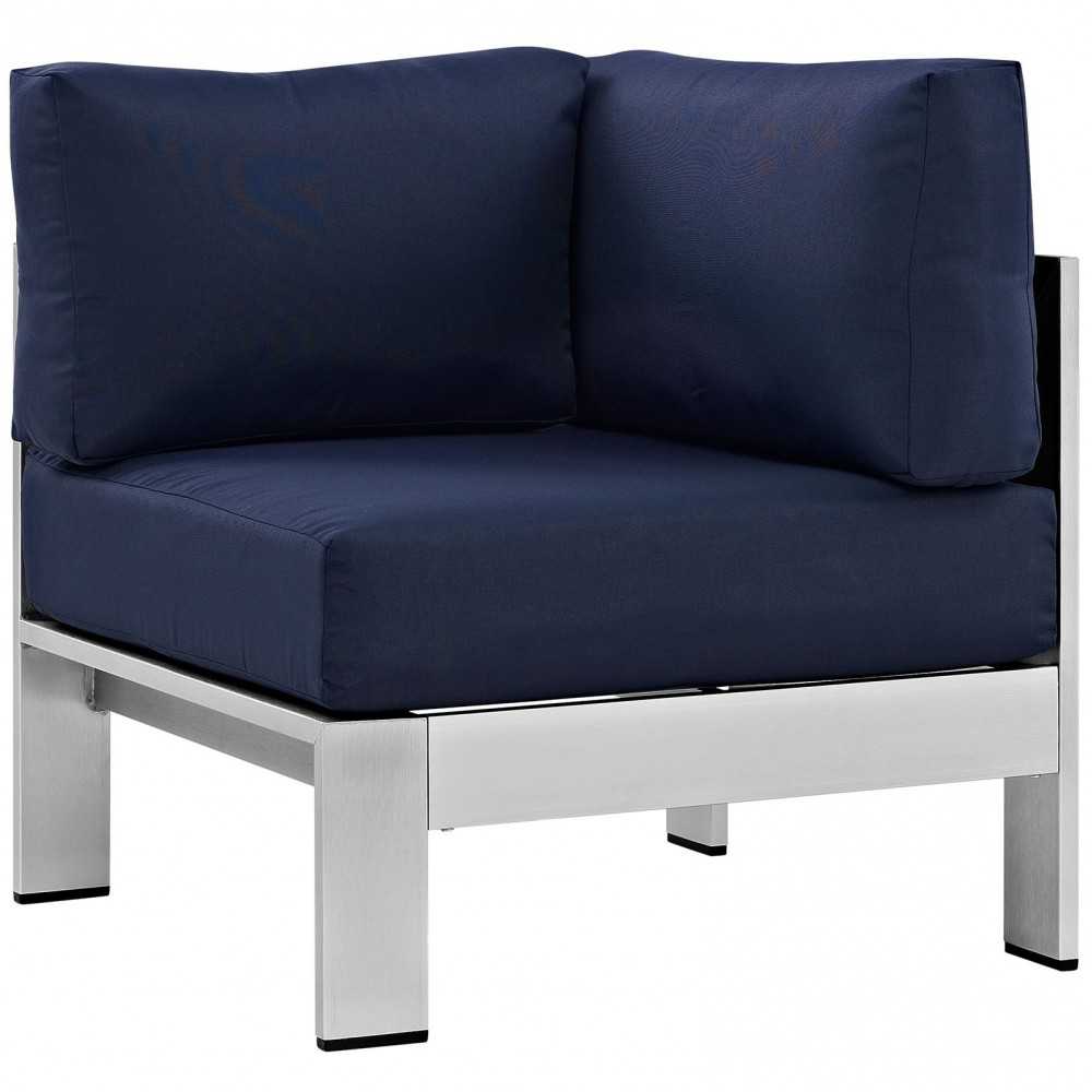 Shore 5 Piece Outdoor Patio Aluminum Sectional Sofa Set, Silver Navy, EEI-2557-SLV-NAV