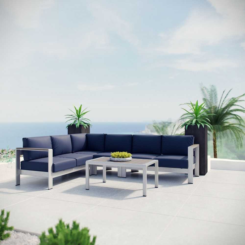 Shore 5 Piece Outdoor Patio Aluminum Sectional Sofa Set, Silver Navy, EEI-2557-SLV-NAV