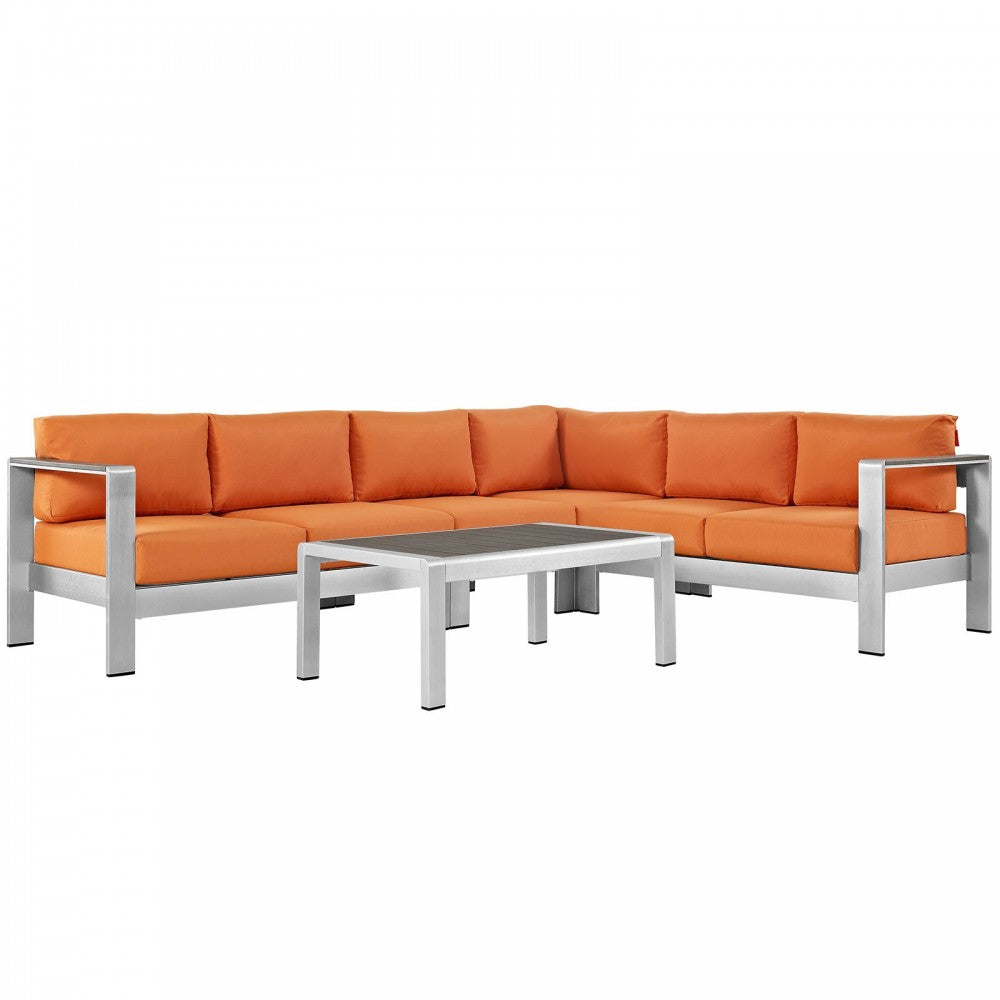 Shore 5 Piece Outdoor Patio Aluminum Sectional Sofa Set, Silver Orange, EEI-2557-SLV-ORA