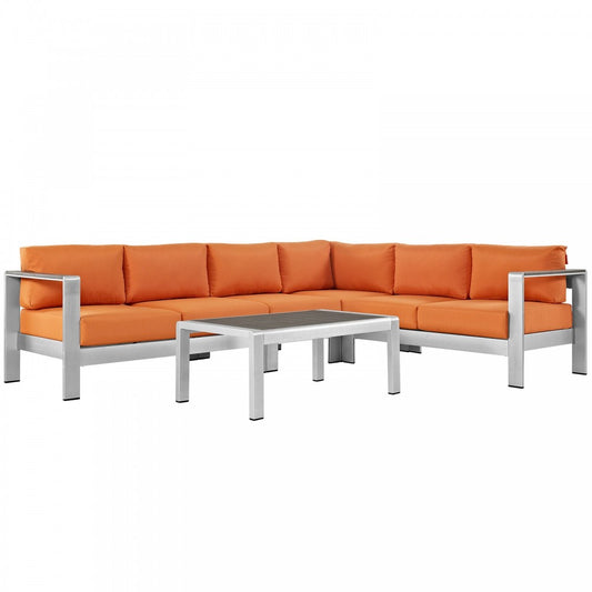 Shore 5 Piece Outdoor Patio Aluminum Sectional Sofa Set, Silver Orange, EEI-2557-SLV-ORA