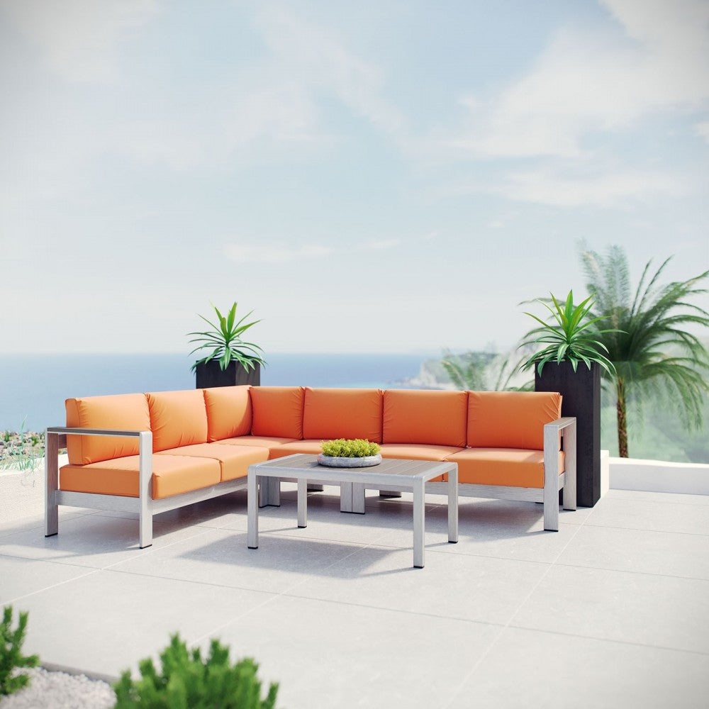 Shore 5 Piece Outdoor Patio Aluminum Sectional Sofa Set, Silver Orange, EEI-2557-SLV-ORA