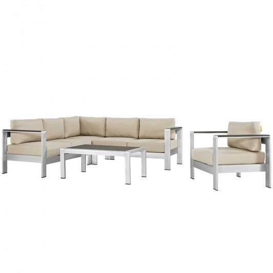 Shore 5 Piece Outdoor Patio Aluminum Sectional Sofa Set, Silver Beige, EEI-2560-SLV-BEI