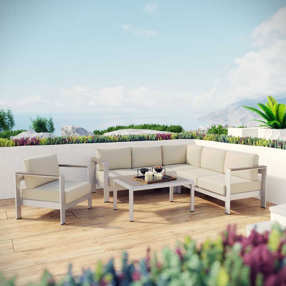 Shore 5 Piece Outdoor Patio Aluminum Sectional Sofa Set, Silver Beige, EEI-2560-SLV-BEI
