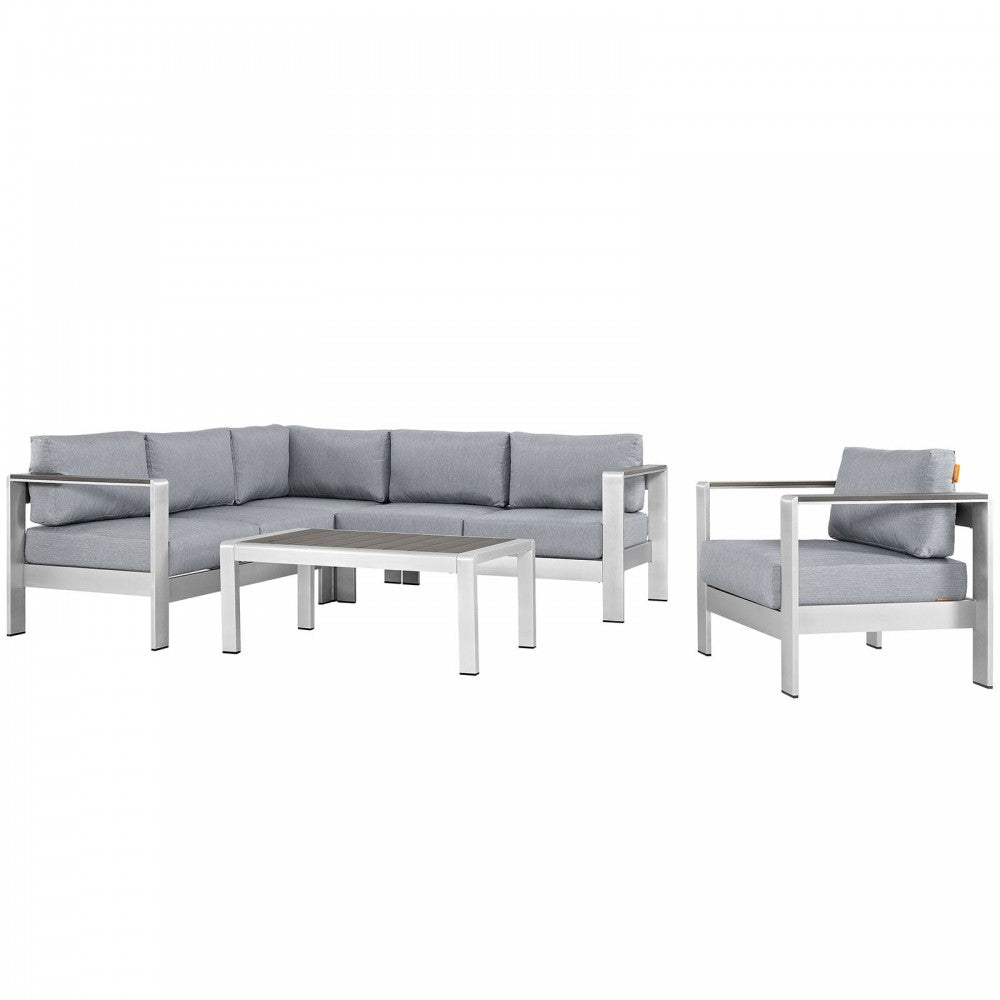 Shore 5 Piece Outdoor Patio Aluminum Sectional Sofa Set, Silver Gray, EEI-2560-SLV-GRY
