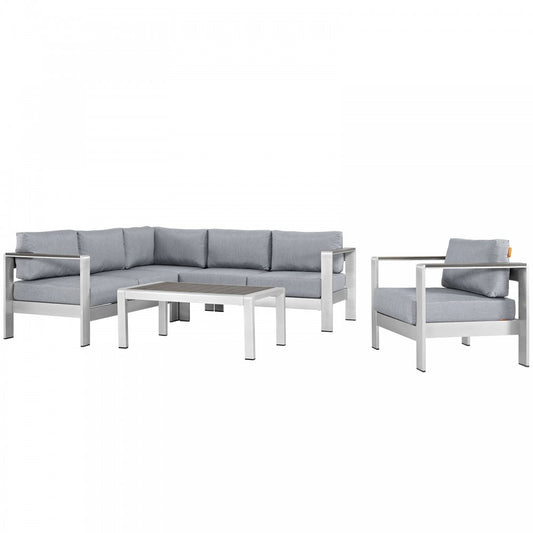 Shore 5 Piece Outdoor Patio Aluminum Sectional Sofa Set, Silver Gray, EEI-2560-SLV-GRY
