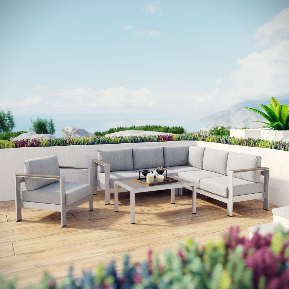 Shore 5 Piece Outdoor Patio Aluminum Sectional Sofa Set, Silver Gray, EEI-2560-SLV-GRY
