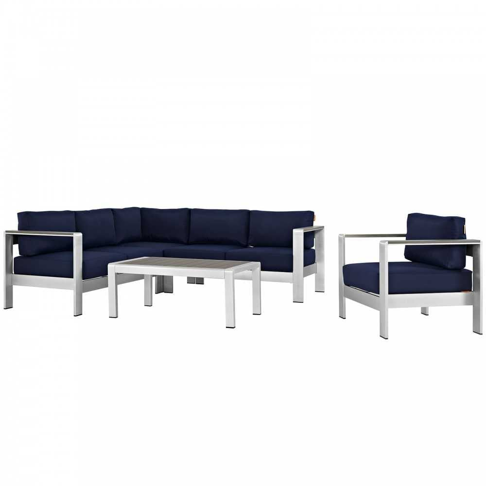 Shore 5 Piece Outdoor Patio Aluminum Sectional Sofa Set, Silver Navy, EEI-2560-SLV-NAV