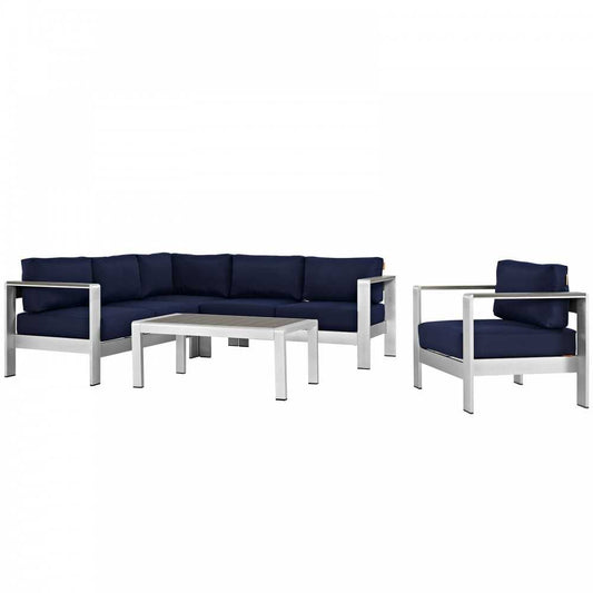 Shore 5 Piece Outdoor Patio Aluminum Sectional Sofa Set, Silver Navy, EEI-2560-SLV-NAV