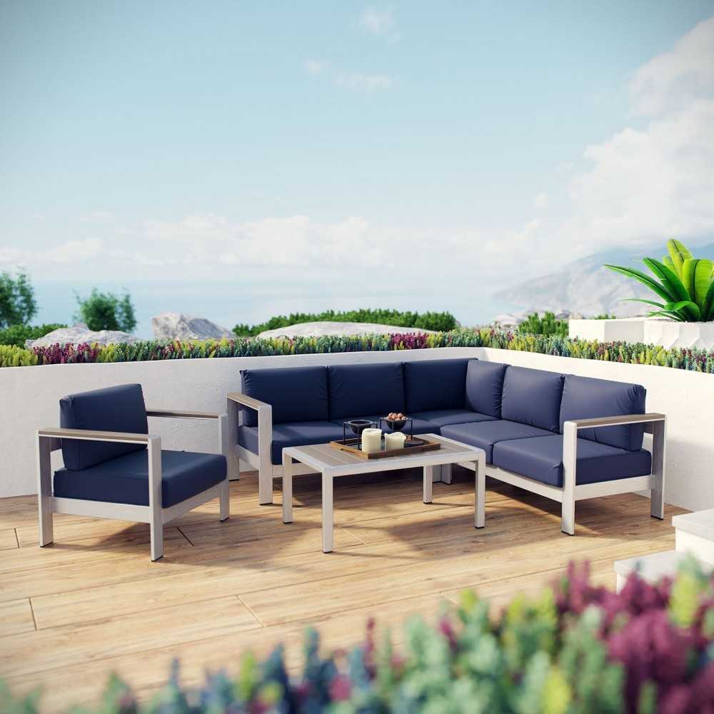 Shore 5 Piece Outdoor Patio Aluminum Sectional Sofa Set, Silver Navy, EEI-2560-SLV-NAV