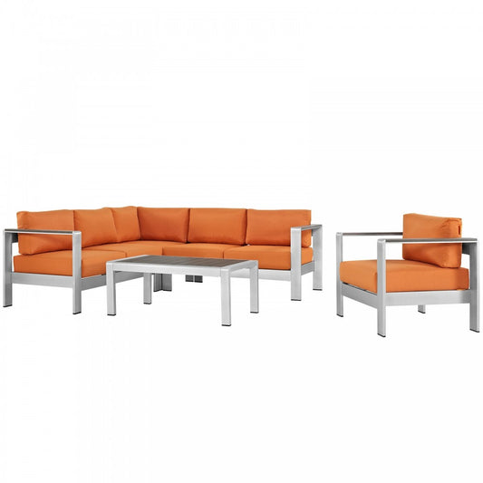 Shore 5 Piece Outdoor Patio Aluminum Sectional Sofa Set, Silver Orange, EEI-2560-SLV-ORA