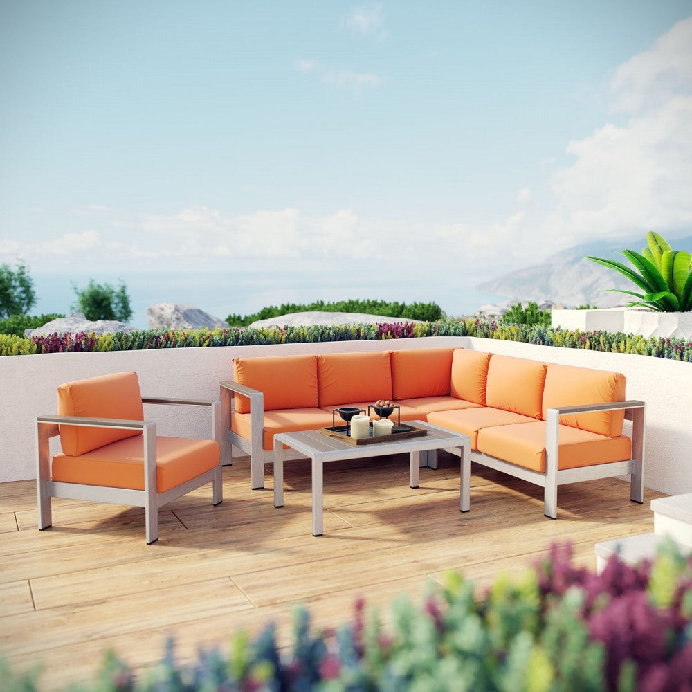 Shore 5 Piece Outdoor Patio Aluminum Sectional Sofa Set, Silver Orange, EEI-2560-SLV-ORA