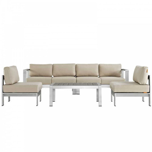 Shore 5 Piece Outdoor Patio Aluminum Sectional Sofa Set, Silver Beige, EEI-2564-SLV-BEI
