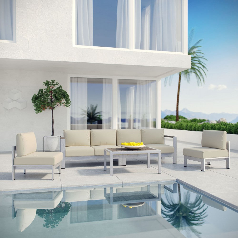 Shore 5 Piece Outdoor Patio Aluminum Sectional Sofa Set, Silver Beige, EEI-2564-SLV-BEI
