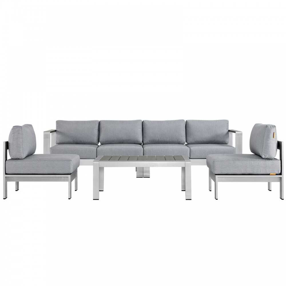 Shore 5 Piece Outdoor Patio Aluminum Sectional Sofa Set, Silver Gray, EEI-2564-SLV-GRY