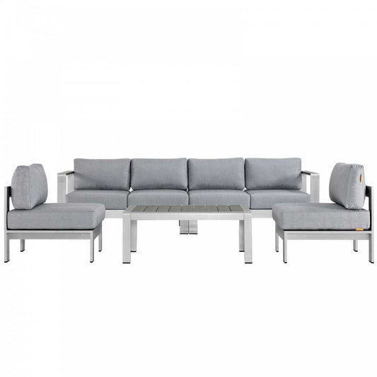 Shore 5 Piece Outdoor Patio Aluminum Sectional Sofa Set, Silver Gray, EEI-2564-SLV-GRY