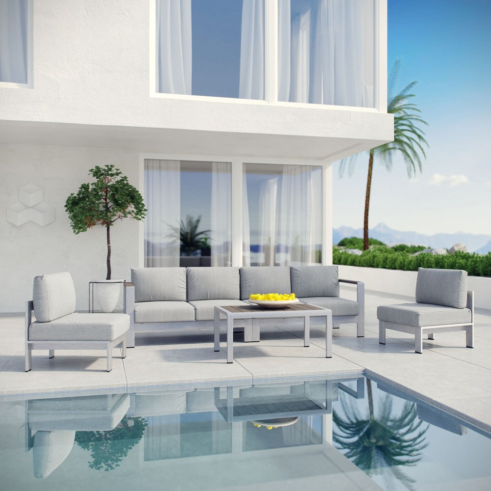 Shore 5 Piece Outdoor Patio Aluminum Sectional Sofa Set, Silver Gray, EEI-2564-SLV-GRY