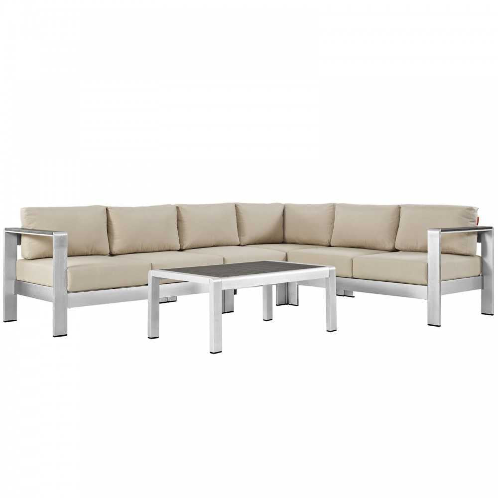 Shore 5 Piece Outdoor Patio Aluminum Sectional Sofa Set, Silver Beige, EEI-2557-SLV-BEI