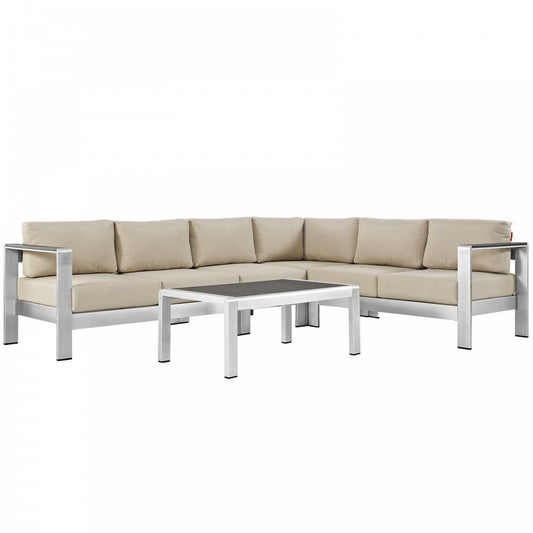 Shore 5 Piece Outdoor Patio Aluminum Sectional Sofa Set, Silver Beige, EEI-2557-SLV-BEI