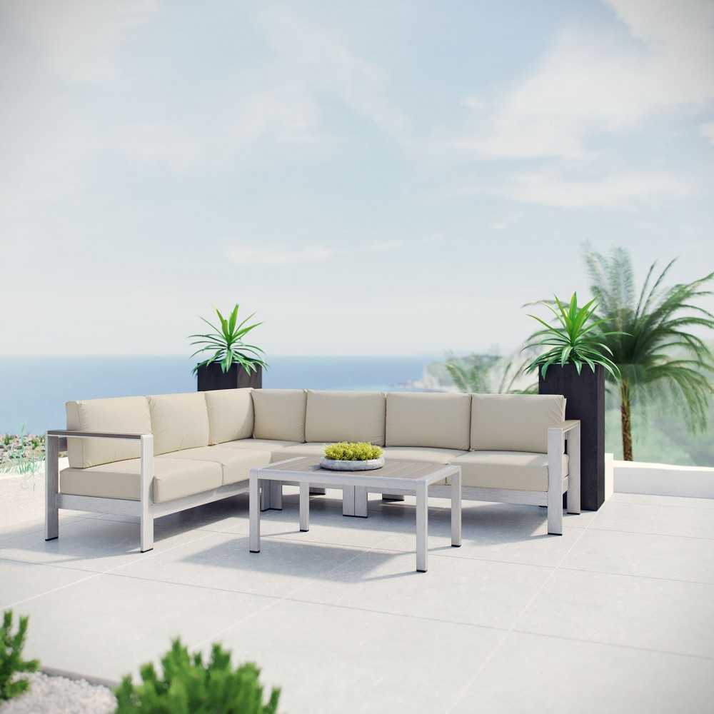 Shore 5 Piece Outdoor Patio Aluminum Sectional Sofa Set, Silver Beige, EEI-2557-SLV-BEI